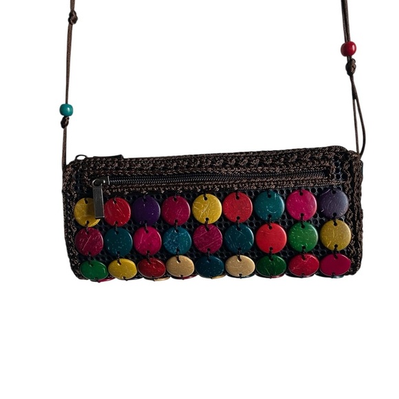 Coconut Shell Disc Beaded Sling Multi Color Coco Brown Crossbody Mini Boho Bag - Picture 3 of 12